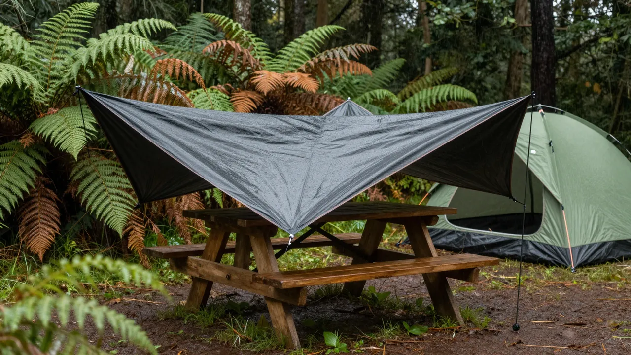 A tarp covers a wooden picnic table next to a tent surrounded by wet ferns in a rainy forest campsite