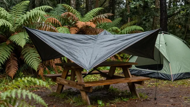 A tarp covers a wooden picnic table next to a tent surrounded by wet ferns in a rainy forest campsite