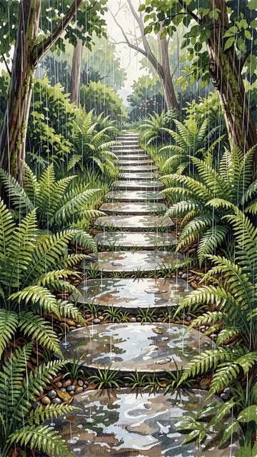 Gouache painting of a wet stepping stone garden path lined with ferns during falling rain