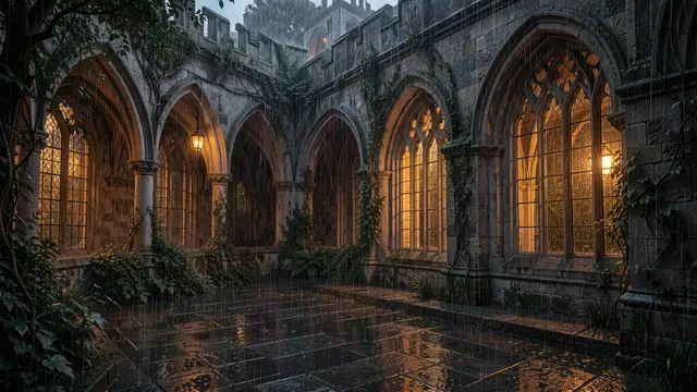 Wet stone cloister garden at dusk with warm glowing arched windows during falling rain