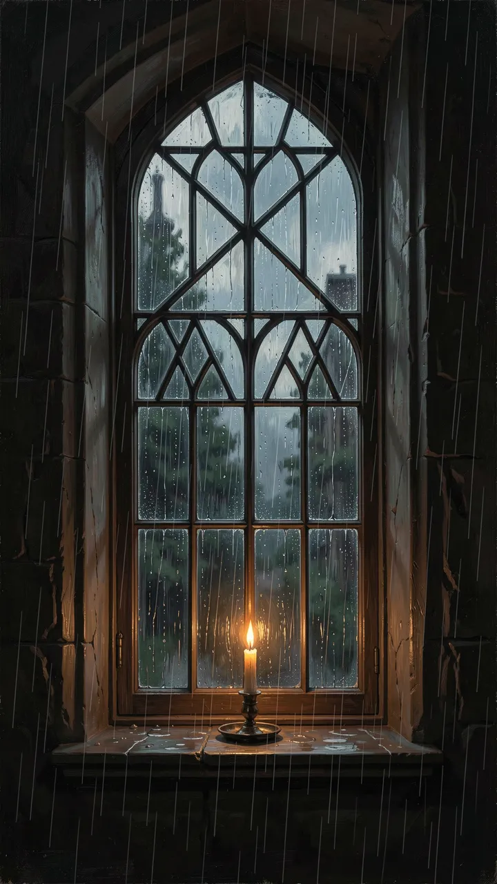 A lit candle rests on the sill of a tall leaded Gothic window during a rainy overcast day