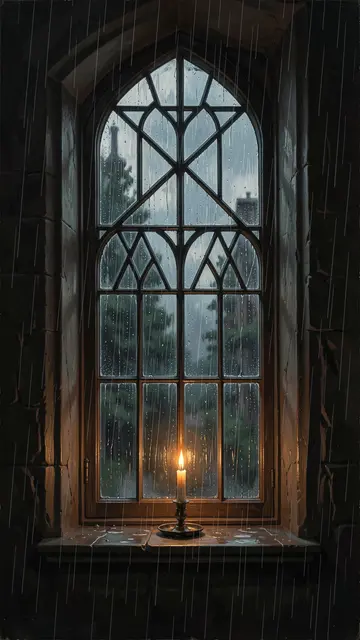 A lit candle rests on the sill of a tall leaded Gothic window during a rainy overcast day