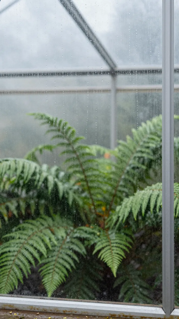 Rain droplets bead on a greenhouse pane with blurred ferns visible behind the glass
