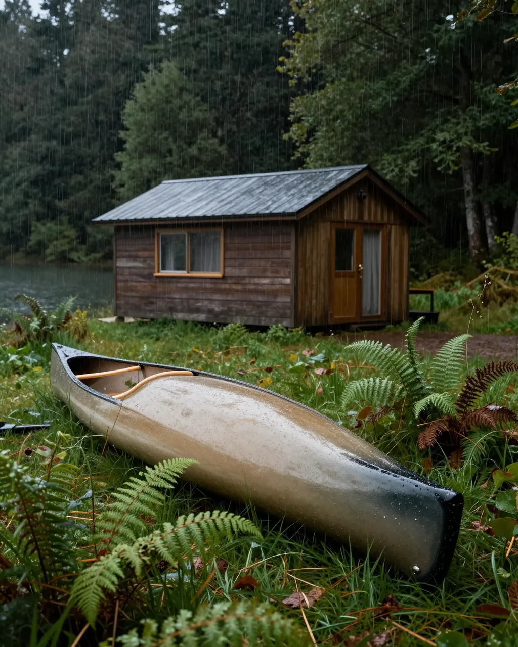 A wooden cabin sits by a forest lake with a canoe resting on fern-dotted grass during rainfall