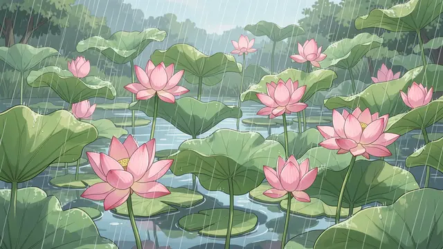 Anime style illustration of pink lotus flowers and wide green leaves on a pond under soft falling summer rain