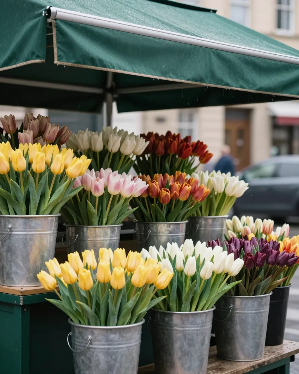 Buckets of multicolored tulips sit under a wet green canvas awning at a street flower stall on a rainy morning