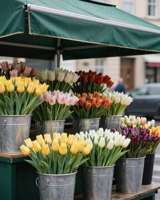 Buckets of multicolored tulips sit under a wet green canvas awning at a street flower stall on a rainy morning