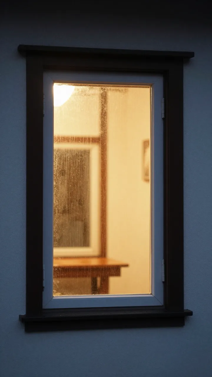 Warm golden interior light glows through a rain-streaked house window at night against a dark exterior wall