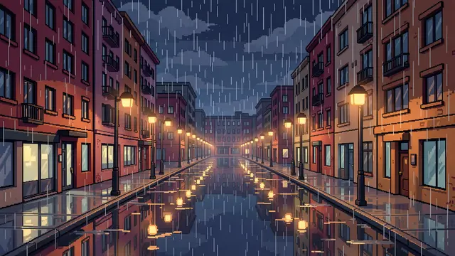16-bit pixel art of a wet rainy city avenue at night with glowing streetlamp reflections and empty apartment buildings