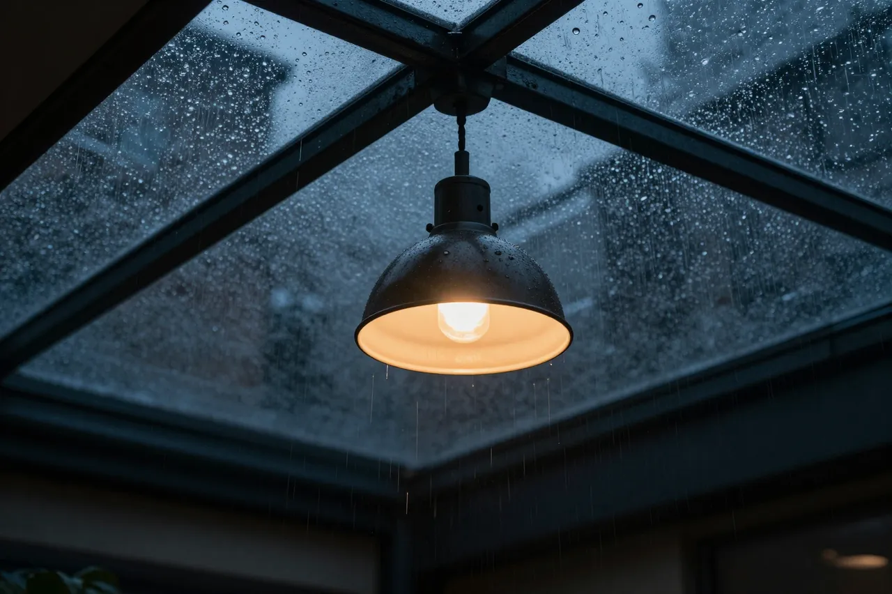 Warm glowing industrial pendant lamp hangs below a rain-dappled glass skylight at night