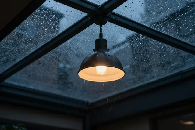 Warm glowing industrial pendant lamp hangs below a rain-dappled glass skylight at night