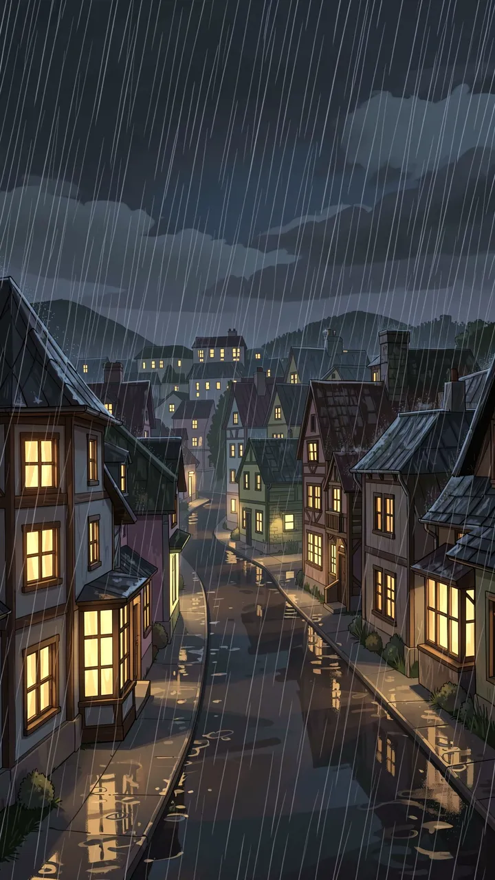 A vertical illustration of a quiet small town street during a rainy night with glowing warm windows
