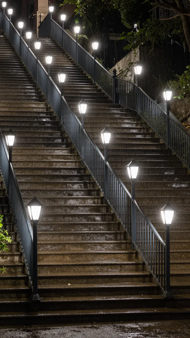 Wet steep stone staircases with glowing vintage iron lanterns and railings on a rainy night
