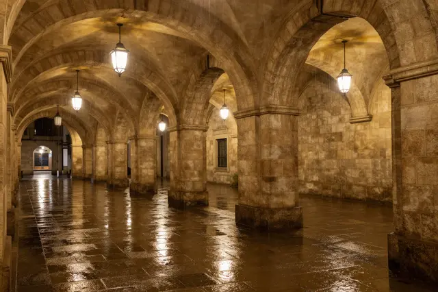 Wet glistening flagstone floors sit beneath historic stone arcades lit by warm hanging lanterns during night rain
