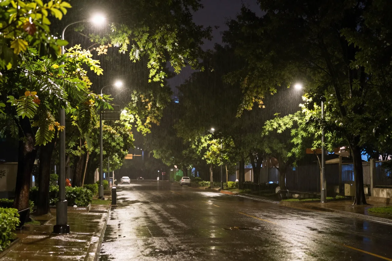 Wet tree-lined city boulevard glows under streetlamps during nighttime rain