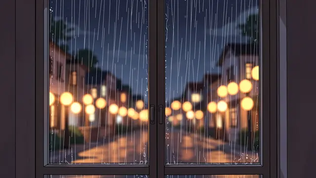 Anime-style illustration of raindrops on a window looking out to blurred warm town street lights at night