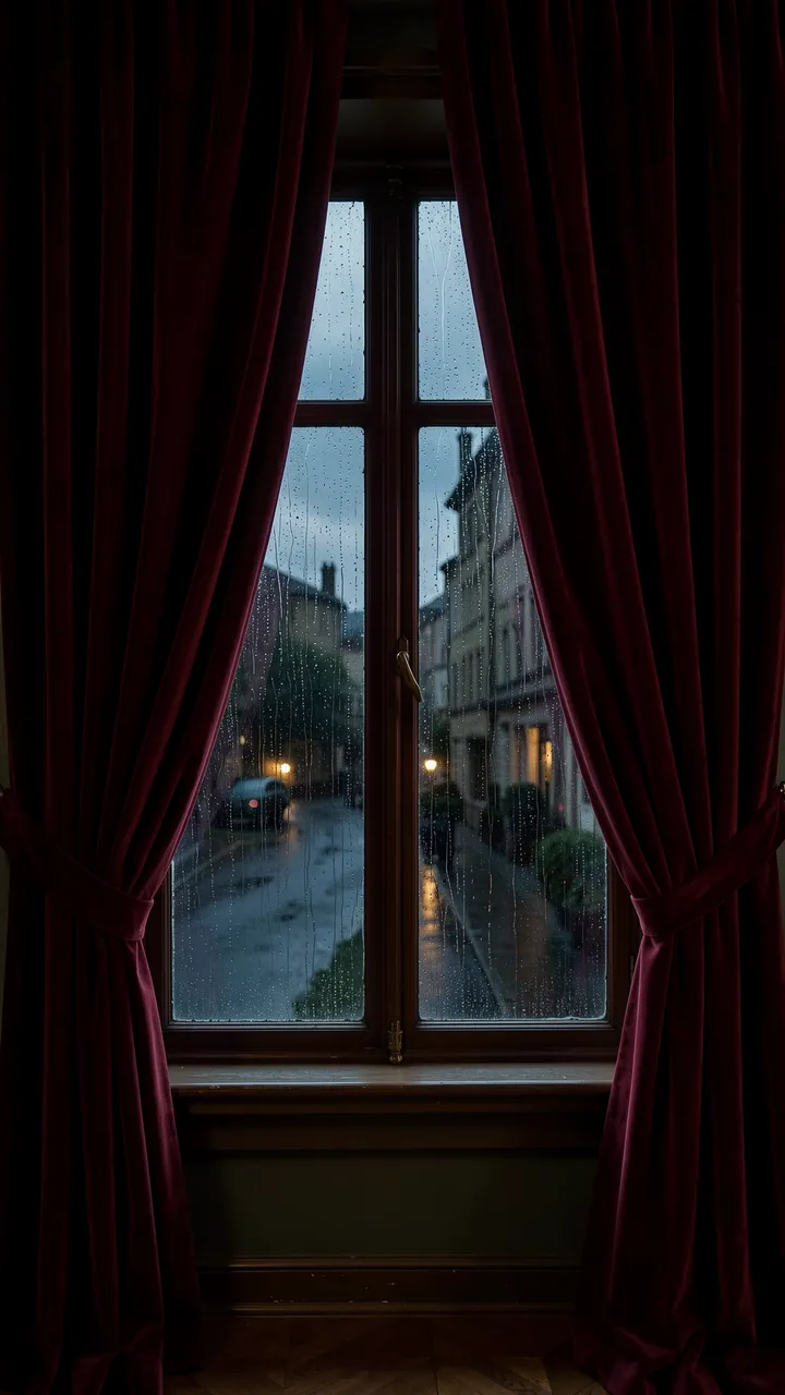 Burgundy velvet curtains frame a fogged rain-streaked window overlooking a quiet evening street