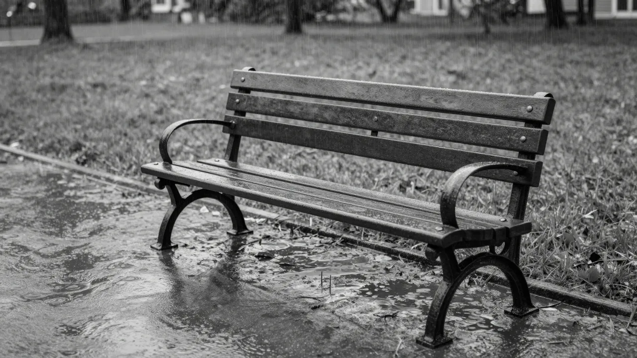A lone wet park bench sits beside puddled pavement during heavy rainfall in a park