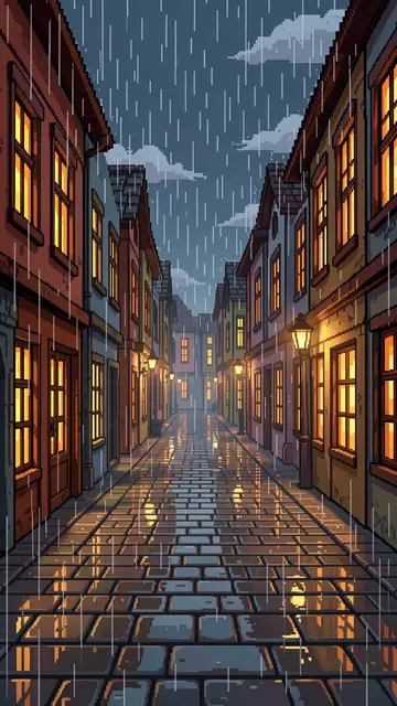 Vertical 16-bit pixel art of an empty rainy village street with glowing windows and wet reflective cobblestones