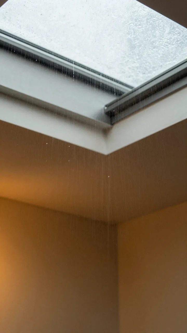 Water runs down a corner skylight above warm golden interior ambient light