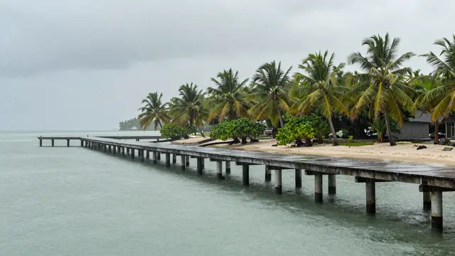 A long weathered wooden jetty stretches over gray-green water beside a palm-lined beach during monsoon rain