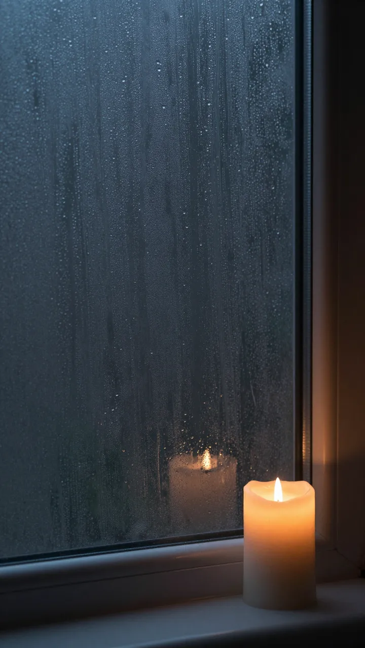 A lit pillar candle sits on a windowsill next to condensation-covered glass on a dark rainy night.