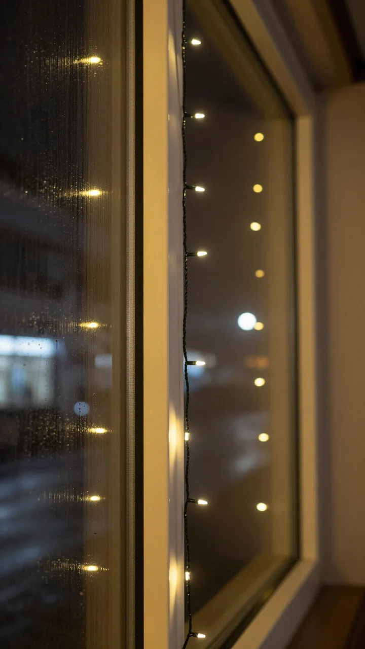 Warm fairy lights drape along a fogged rainy window frame at night with soft bokeh reflections