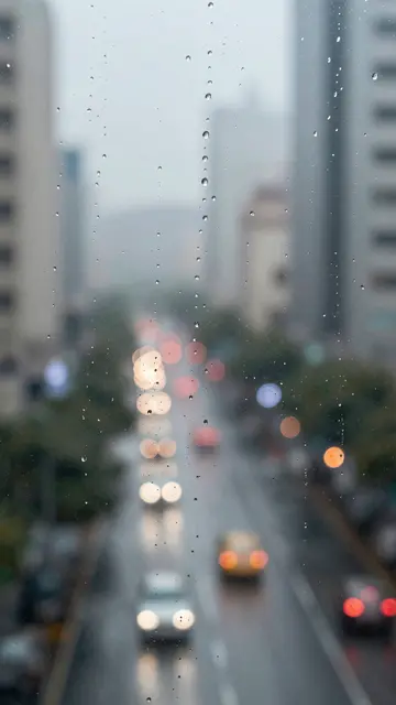 Raindrops cling to a window overlooking a blurred rainy city street with bokeh traffic lights
