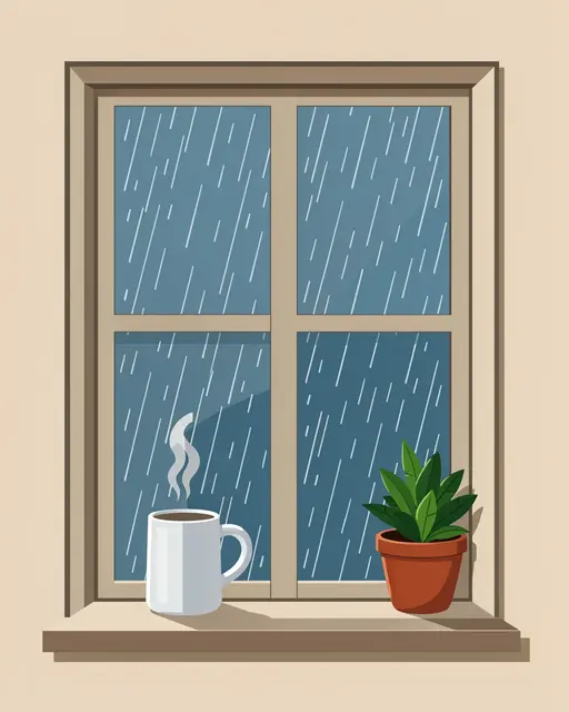 Flat vector illustration of a rainy window with a steaming mug and potted houseplant on the sill