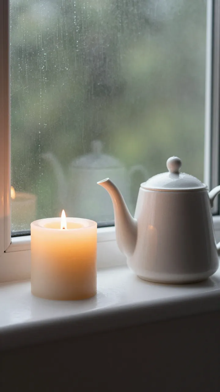 Lit cream candle and white teapot rest on a windowsill with raindrops on fogged glass outside.