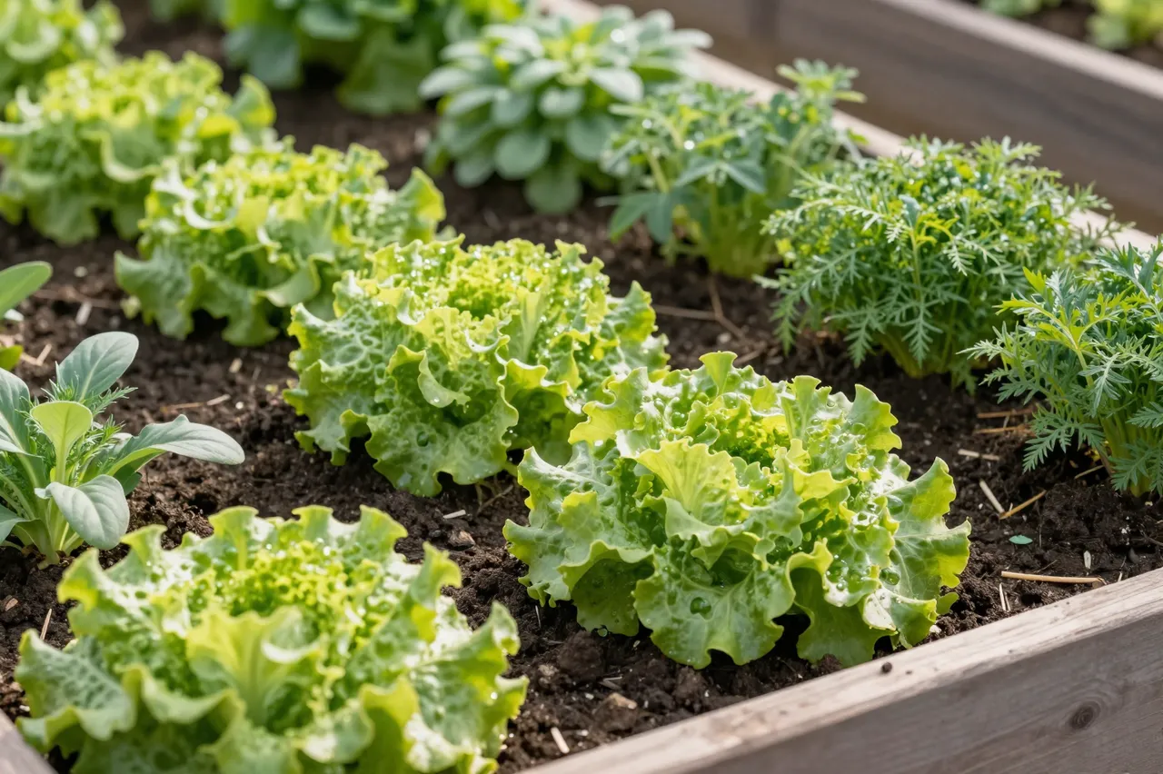 Leaf lettuce and assorted herb seedlings grow in a wooden raised garden bed lit by soft morning light.