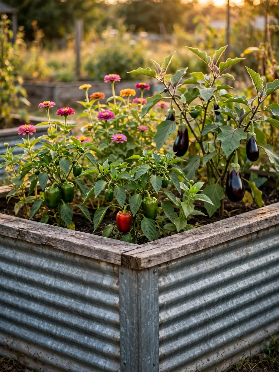 Corrugated metal raised garden bed with weathered wood rails growing peppers, eggplants and zinnias in warm golden hour light