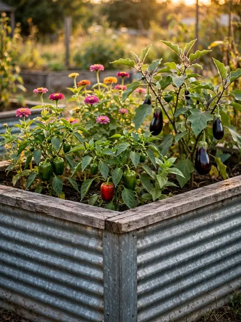 Corrugated metal raised garden bed with weathered wood rails growing peppers, eggplants and zinnias in warm golden hour light