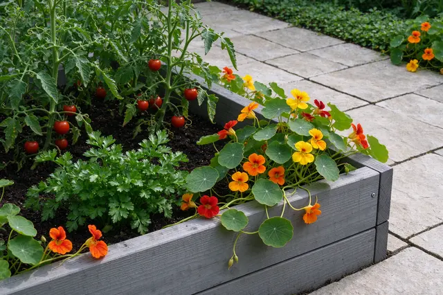 Gray wooden raised garden bed holding cherry tomatoes, parsley, and bright nasturtiums beside a stone patio.