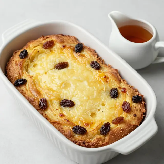 Baked raisin bread pudding in a white ceramic dish next to a small cream pitcher of vanilla sauce on a light surface