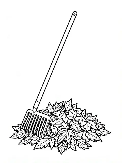 Bold black line art of a garden rake leaning against a pile of autumn maple leaves on a plain white background