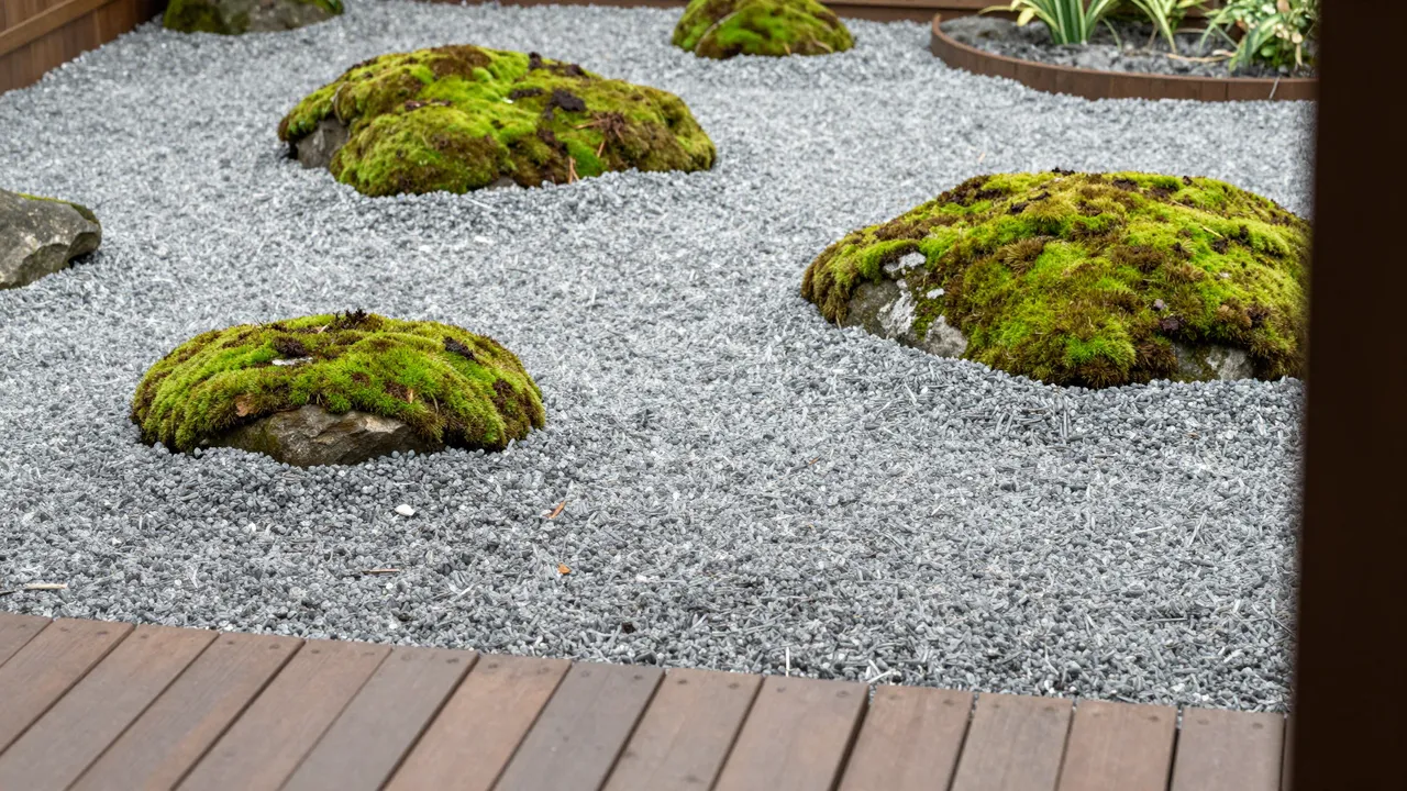 View from a wooden veranda of a minimalist raked gravel Japanese garden with mossy stones