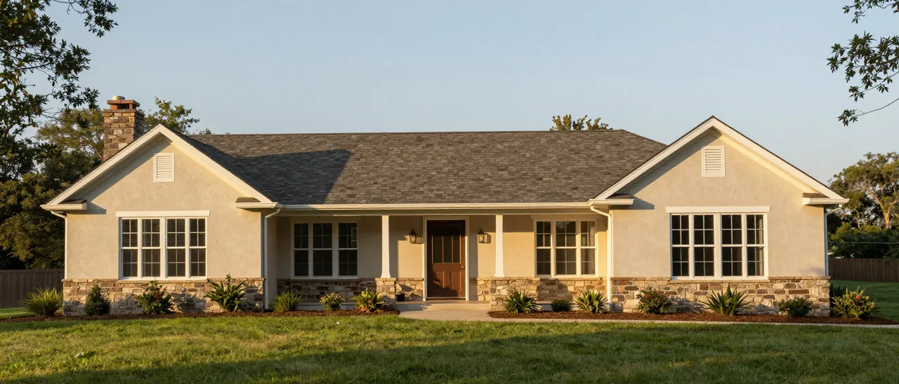 Single-story ranch home with stone accents sits on a wide green lawn under warm late afternoon light