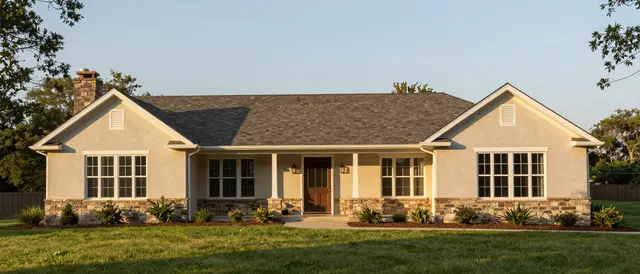 Single-story ranch home with stone accents sits on a wide green lawn under warm late afternoon light