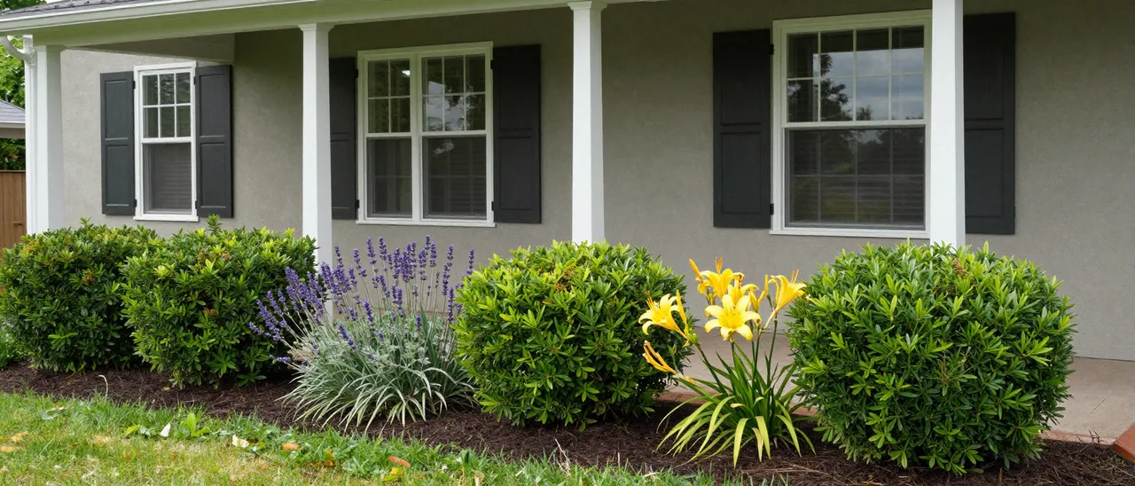 Foundation planting of boxwood, lavender and yellow daylilies lines the covered porch of a ranch-style house.