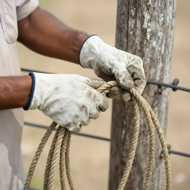 Close-up of a South Asian rancher's gloved hands coiling thick rope next to a weathered wooden fence post