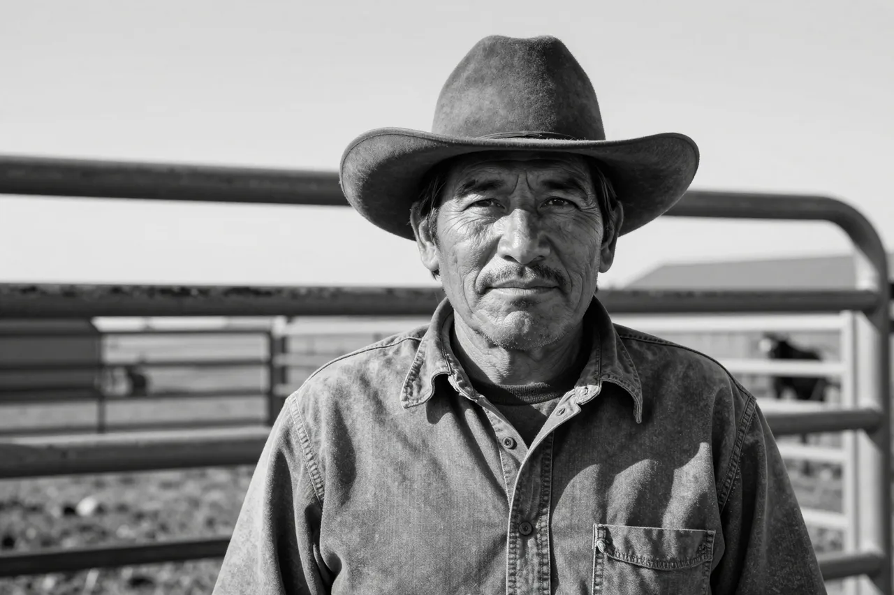 Black and white close-up portrait of an older Indigenous rancher in a felt cowboy hat standing by a weathered metal corral