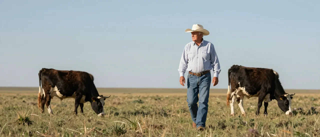 Senior rancher in a cowboy hat walks across open grassland between two grazing cattle under a clear sky