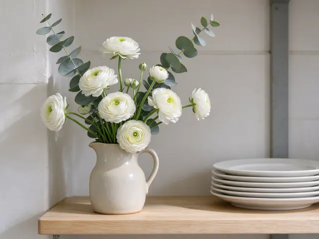 White ranunculus and eucalyptus in a ceramic pitcher sit beside stacked white plates on a wooden kitchen shelf