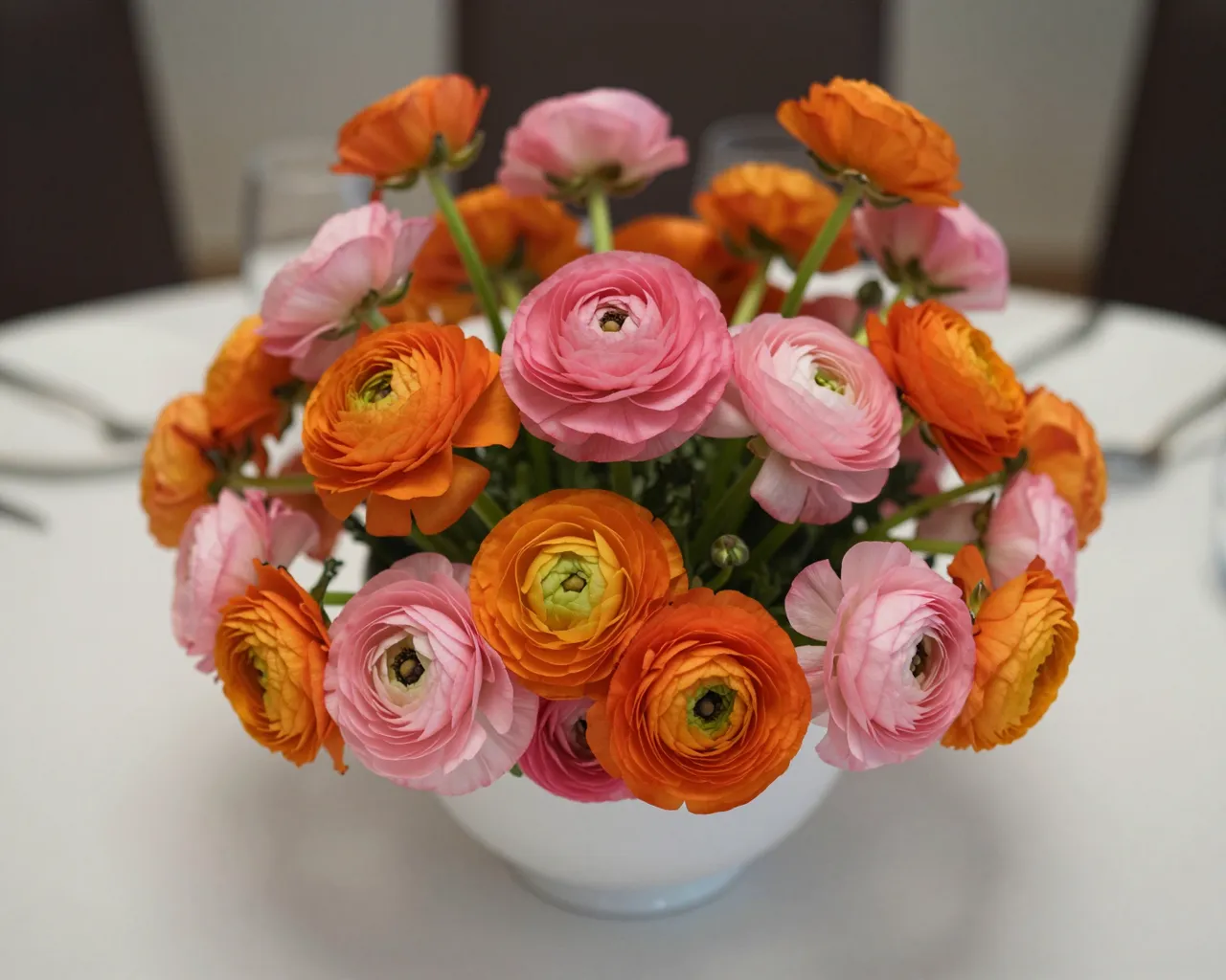 Vibrant pink and orange ranunculus flowers clustered in a low white compote on a white breakfast table.