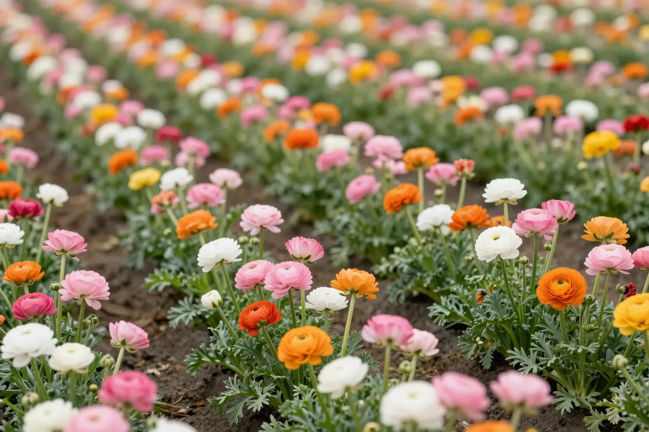Neat parallel rows of pink, orange, and white ranunculus blooms stretch across a sunlit farm field