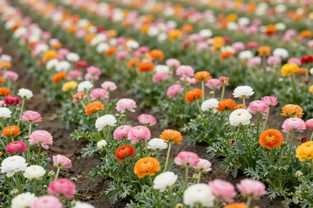Neat parallel rows of pink, orange, and white ranunculus blooms stretch across a sunlit farm field