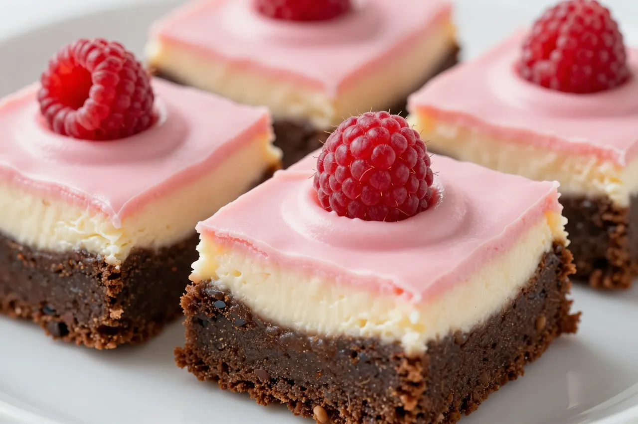 Four layered raspberry cheesecake brownie squares topped with fresh raspberries rest on a light plate.