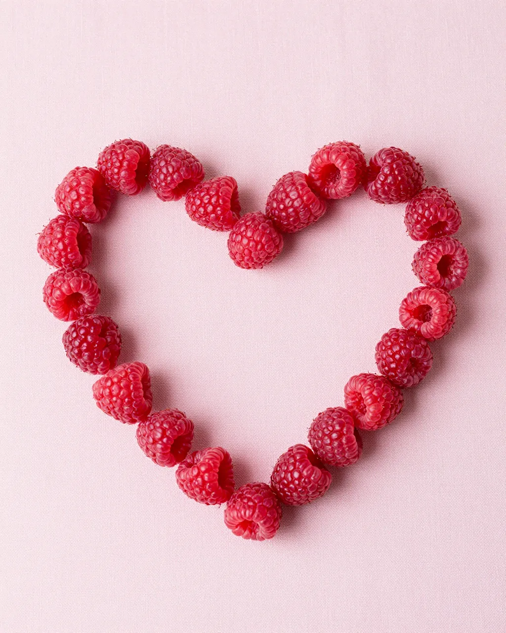 Top view of fresh raspberries arranged into a heart shape on a pale pink linen backdrop