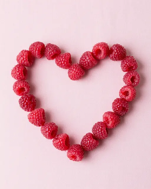 Top view of fresh raspberries arranged into a heart shape on a pale pink linen backdrop